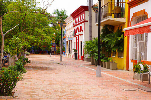 Panorámica del centro histórico de santa marta donde se observa la plaza con palmeras y edificación colonial 