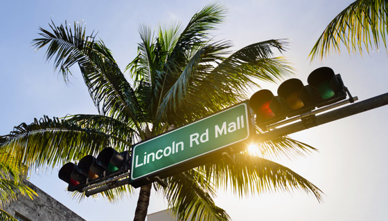 Se ve en primer plano, el aviso de tránsito con el nombre Lincoln Mall, hay semáforos en ambos costados del letrero 